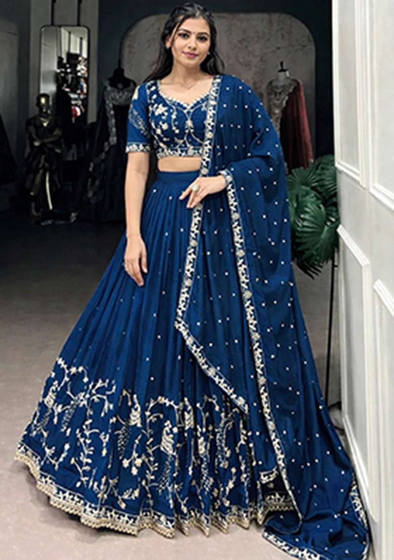 Dark Blue Heavy Embroidered Work Silk Lehenga Set - Indya