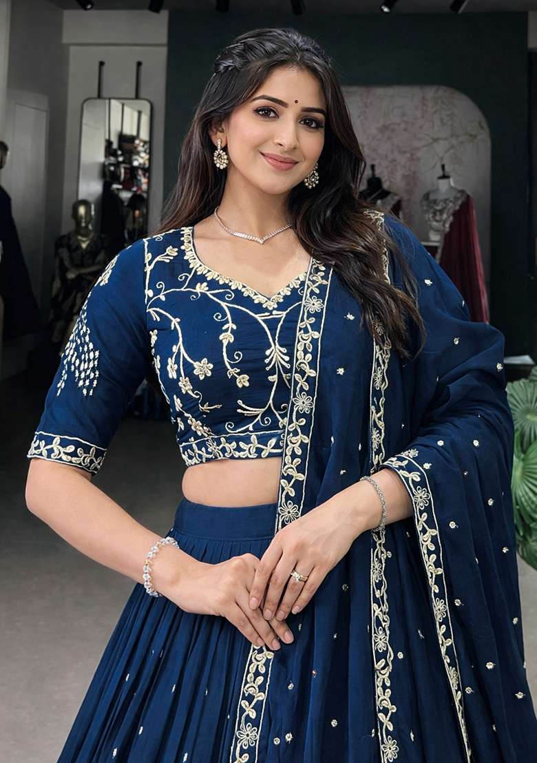 Dark Blue Heavy Embroidered Work Silk Lehenga Set - Indya
