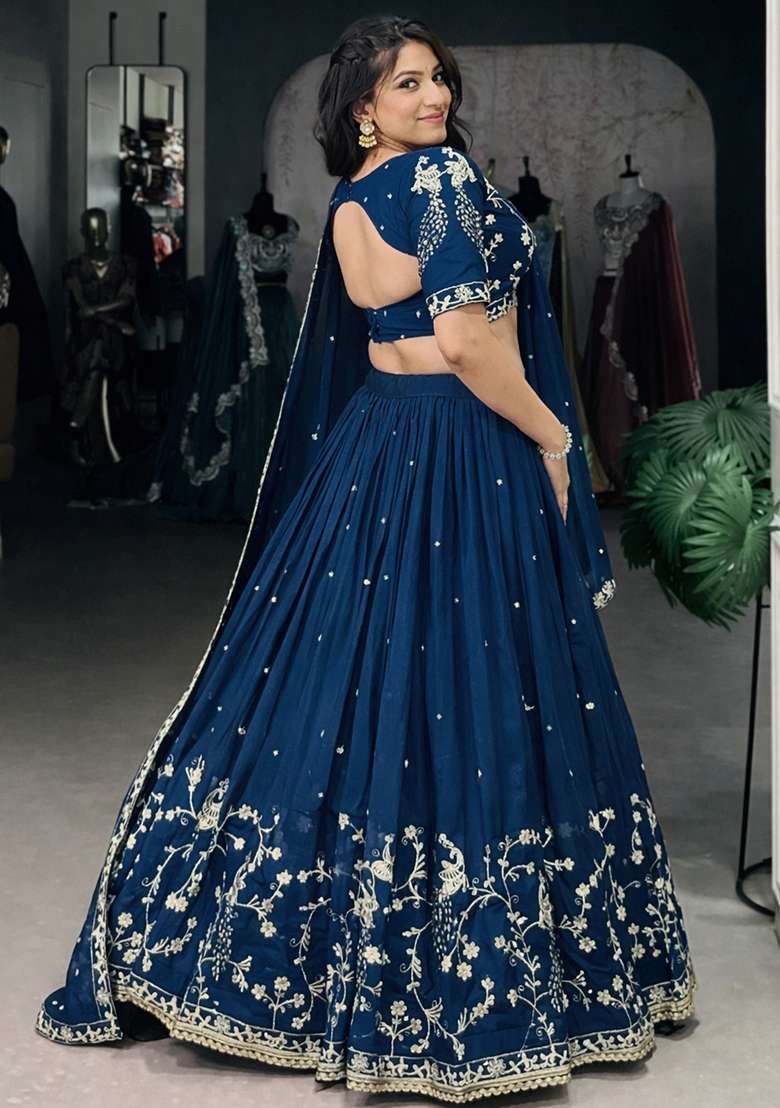 Dark Blue Heavy Embroidered Work Silk Lehenga Set - Indya