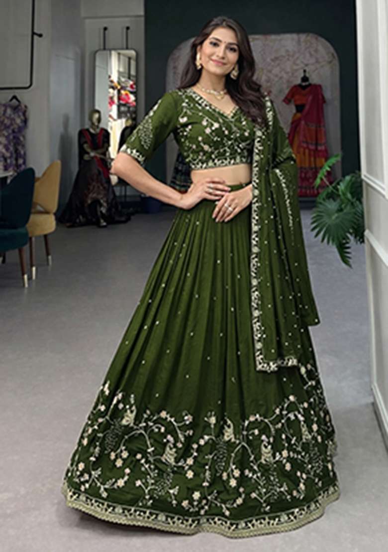 Green Heavy Embroidered Work Silk Lehenga Set - Indya