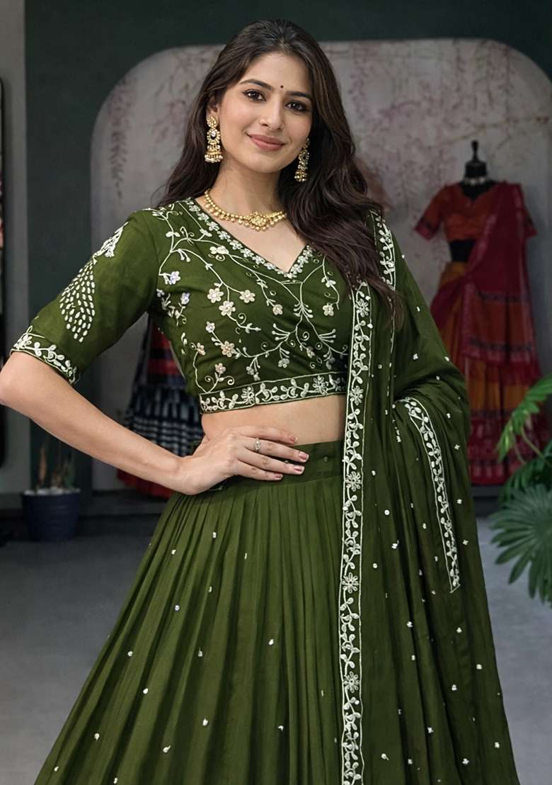 Green Heavy Embroidered Work Silk Lehenga Set - Indya
