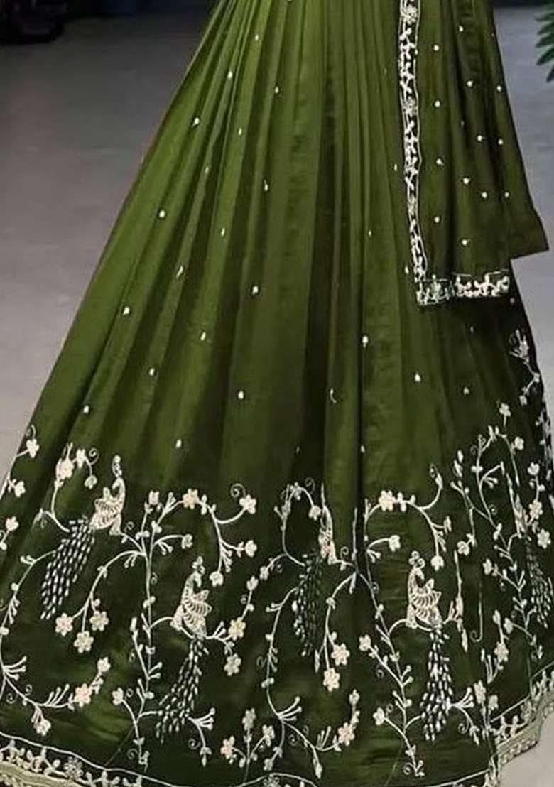 Green Heavy Embroidered Work Silk Lehenga Set - Indya
