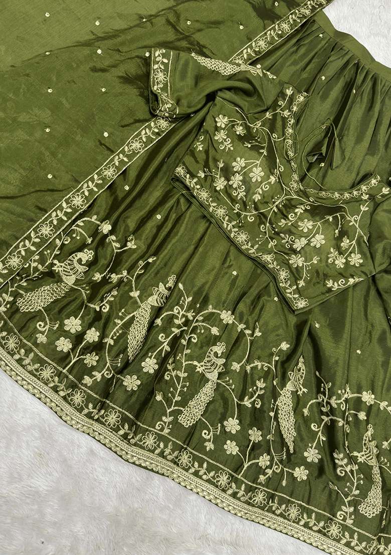 Green Heavy Embroidered Work Silk Lehenga Set - Indya