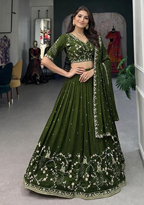 Green Heavy Embroidered Work Silk Lehenga Set