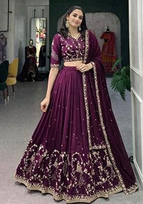 Wine Heavy Embroidered Work Silk Lehenga Set