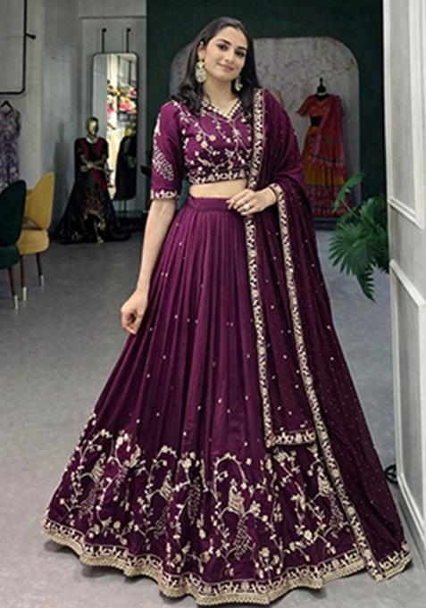 Wine Heavy Embroidered Work Silk Lehenga Set