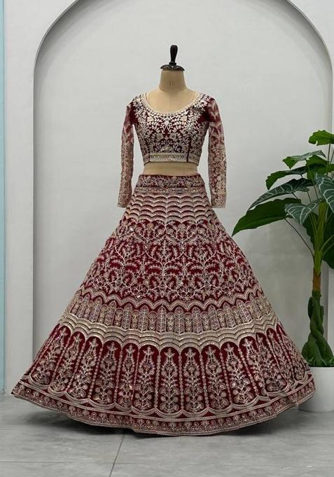 Maroon Sequins Embroidery Work Net Lehenga Set