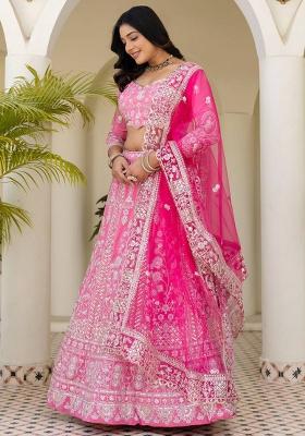 Pink Sequins Embroidery Work Silk Lehenga Set