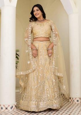 Cream Sequins Embroidery Work Net Lehenga Set