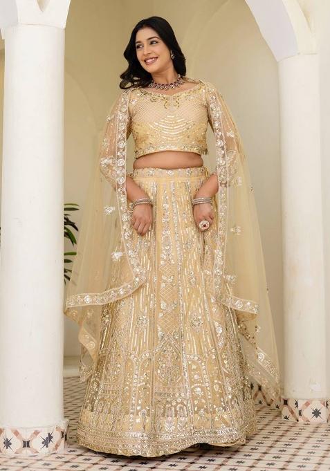 Cream Sequins Embroidery Work Net Lehenga Set