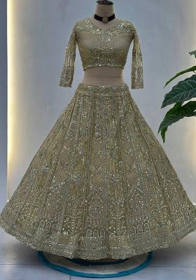 Pista Sequins Embroidery Work Net Lehenga Set
