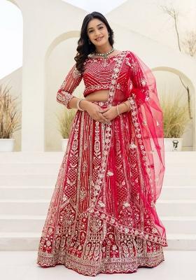 Red Sequins Embroidery Work Net Lehenga Set