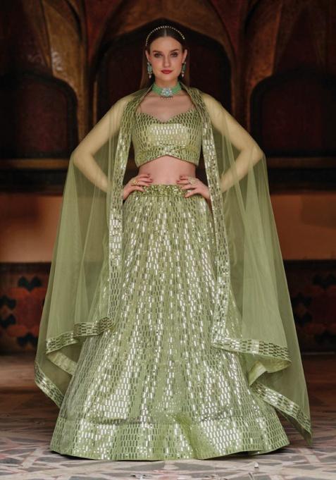 Green Sequence And Thread Work Net Lehenga Set