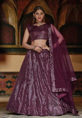 Violet Sequence And Thread Work Net Lehenga Set
