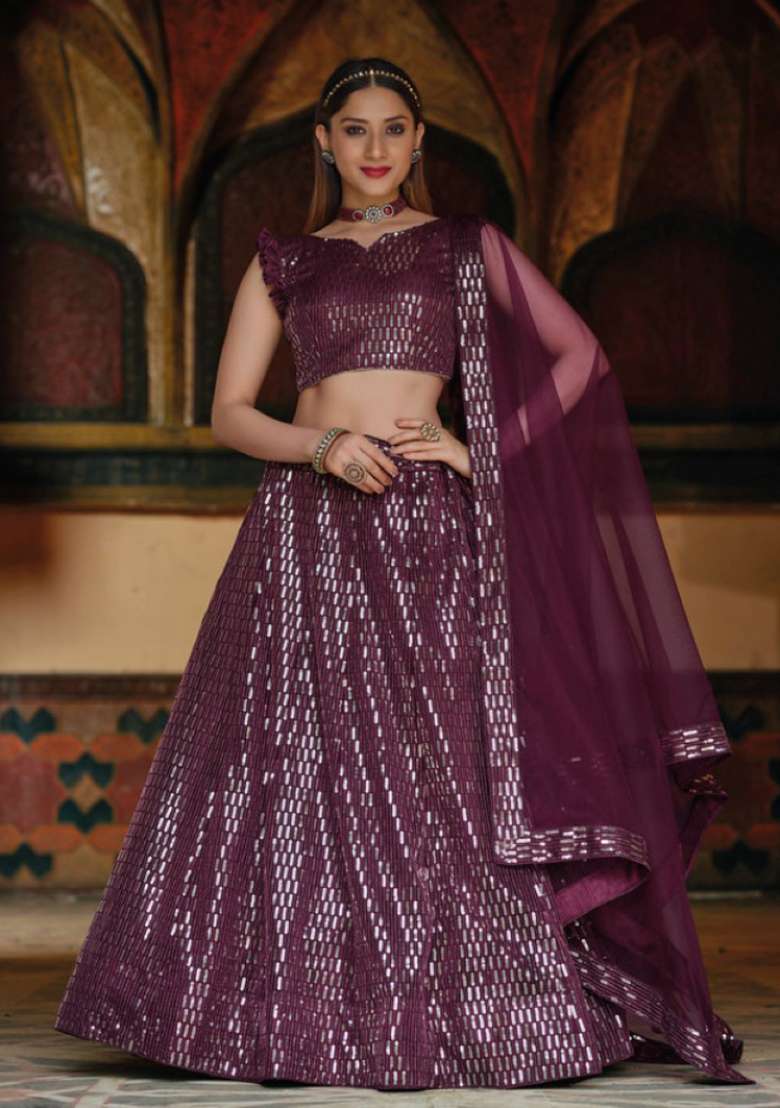 Violet Sequence And Net Lehenga Set with Thread Work for Diwali | Wedding & Festive Wear - Indya