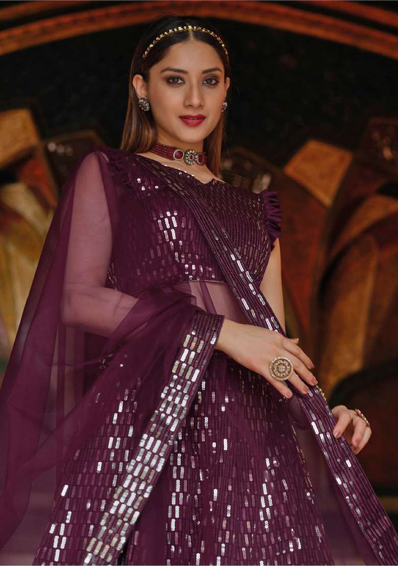 Violet Sequence And Net Lehenga Set with Thread Work for Diwali | Wedding & Festive Wear - Indya