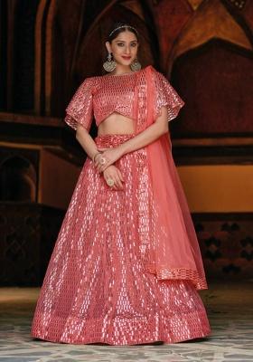 Peach Sequence And Thread Work Net Lehenga Set