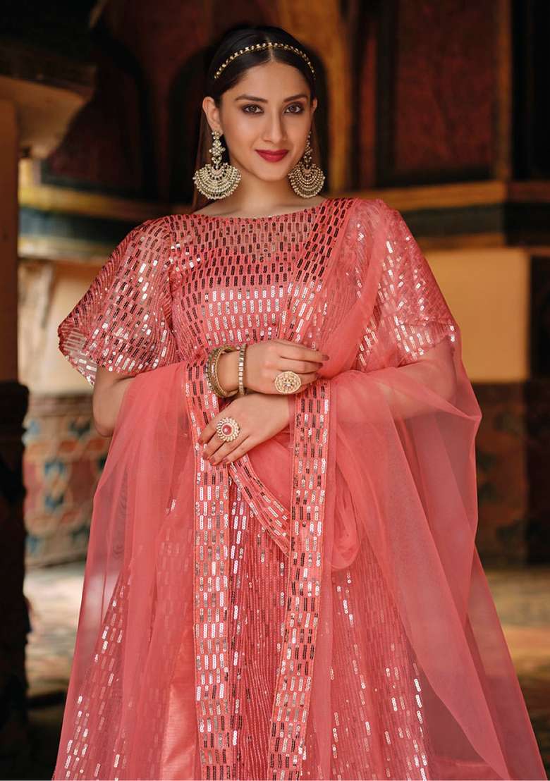 Peach Sequence And Thread Work Net Lehenga Set for Diwali and Festive Wear - Indya