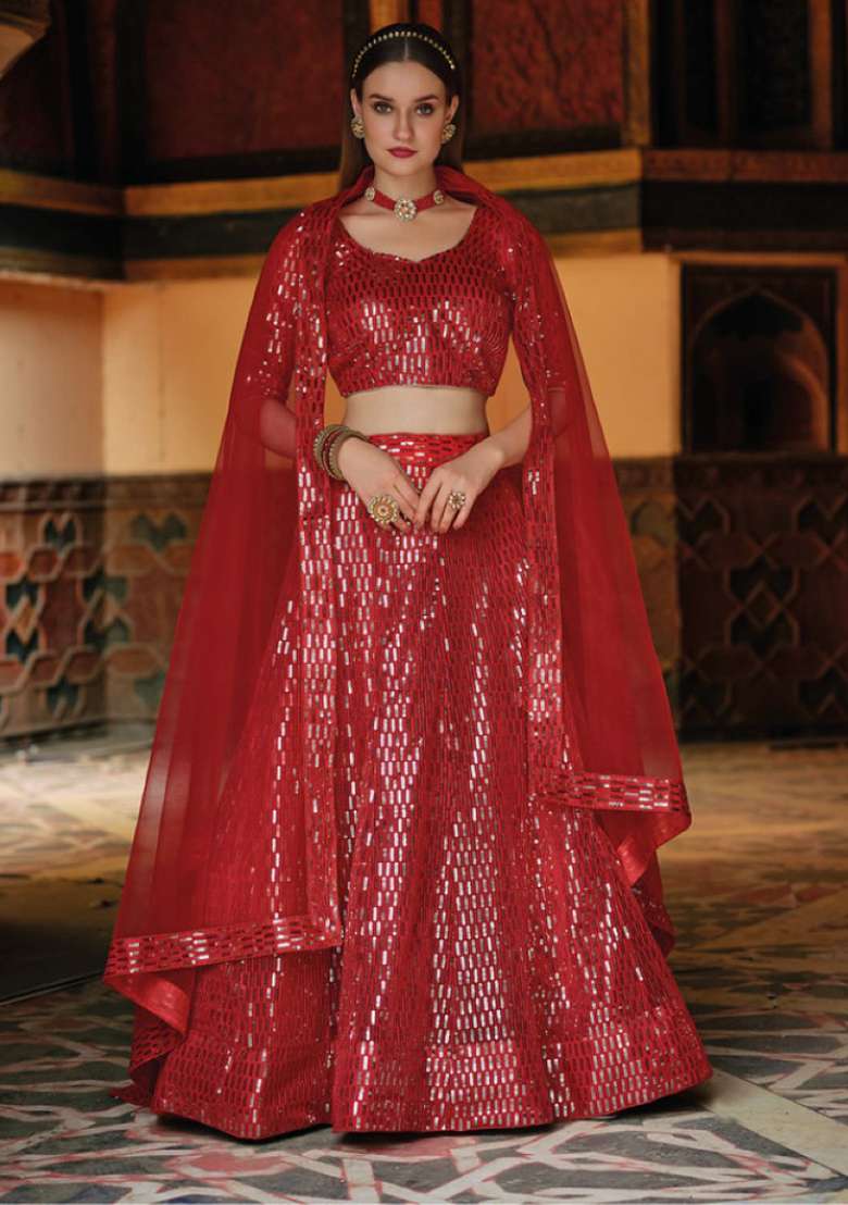 Red Sequence And Net Lehenga Set with Thread Work for Diwali | Wedding & Festive Wear - Indya