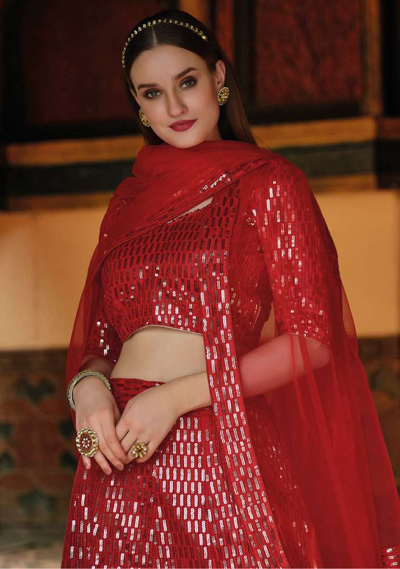 Red Sequence And Net Lehenga Set with Thread Work for Diwali | Wedding & Festive Wear - Indya