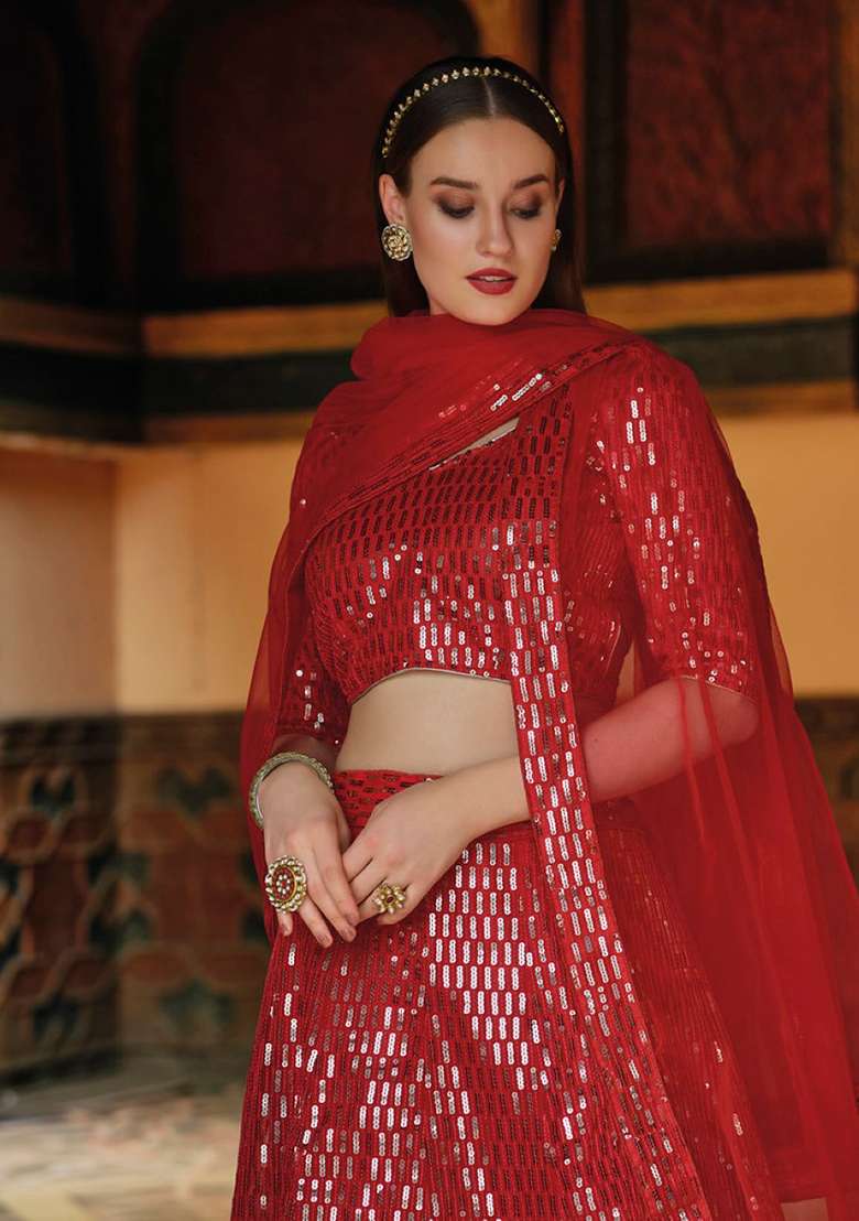 Red Sequence And Net Lehenga Set with Thread Work for Diwali | Wedding & Festive Wear - Indya