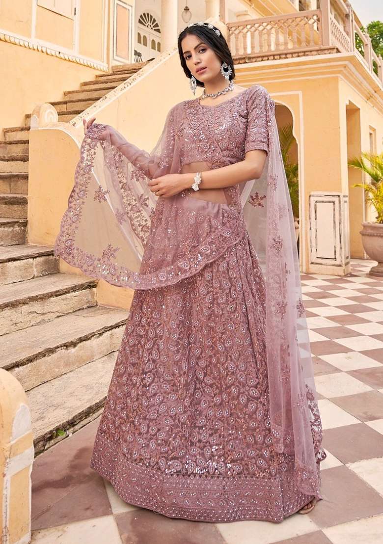 Light Purple Sequence And Thread Work Net Lehenga Set - Indya