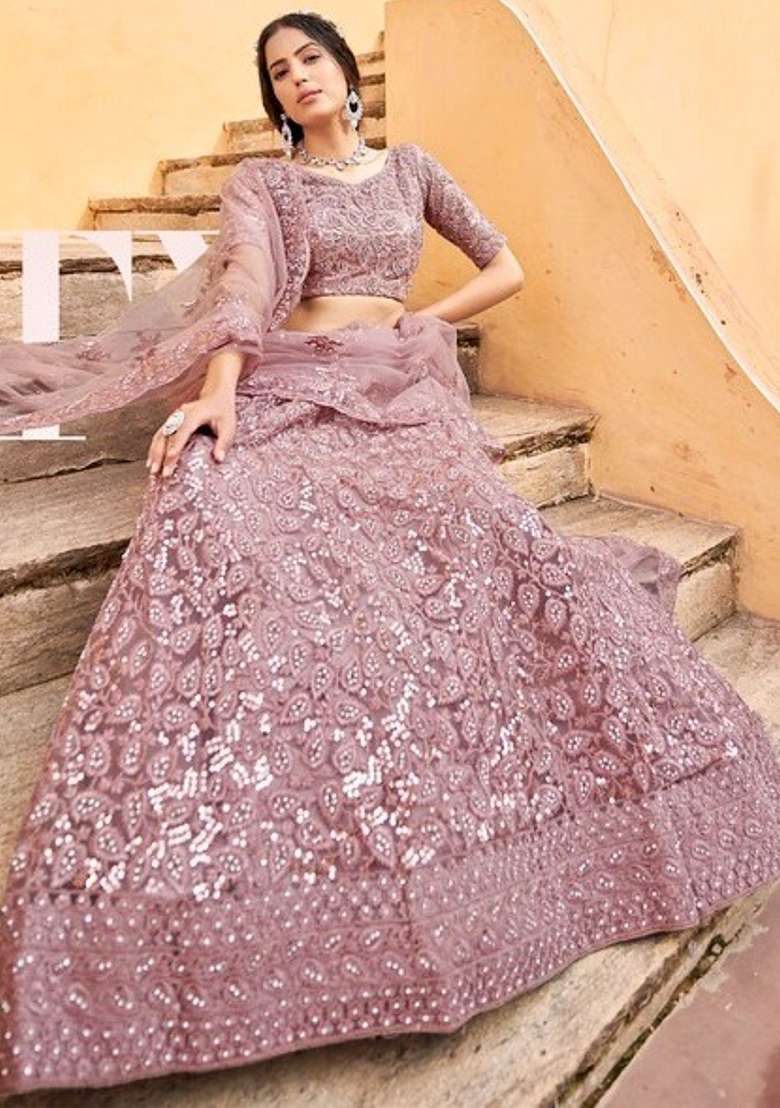 Light Purple Sequence And Thread Work Net Lehenga Set - Indya