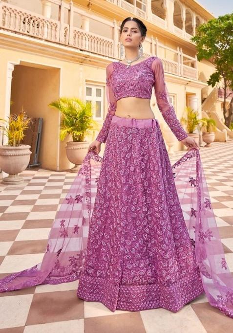 Purple Sequence And Thread Work Net Lehenga Set