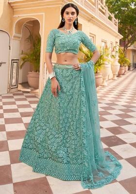 Turquoise Sequence And Thread Work Net Lehenga Set