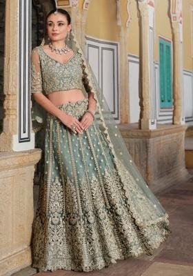 Green Sequence And Thread Work Net Lehenga Set