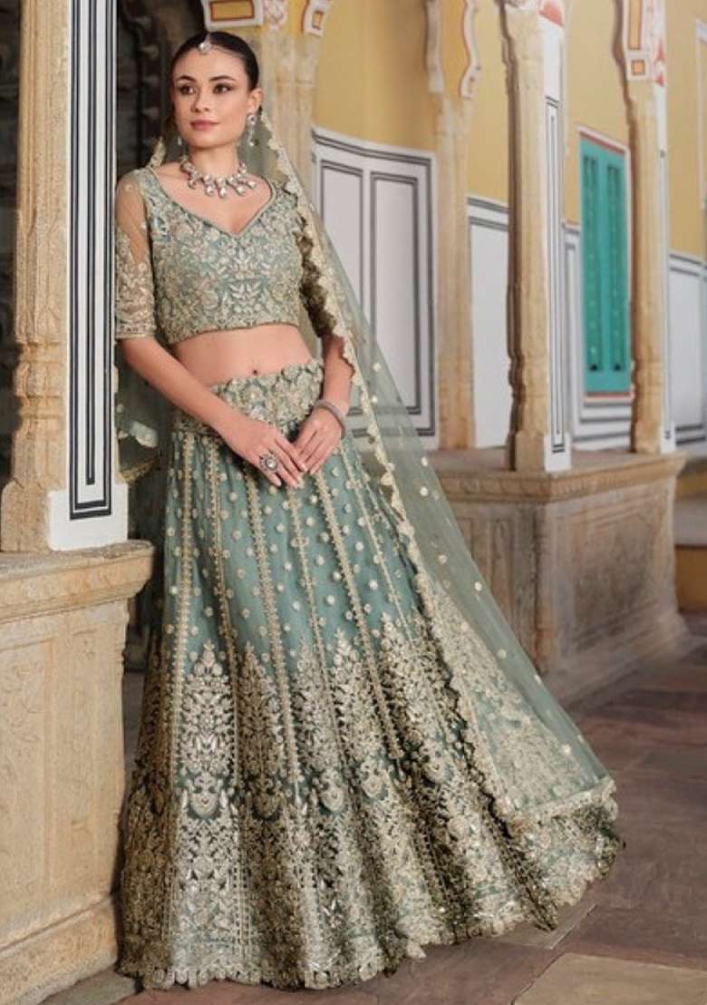 Green Sequence And Net Lehenga Set with Thread Work for Diwali | Wedding & Festive Wear - Indya