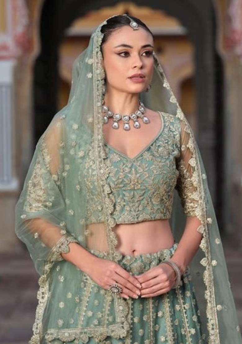 Green Sequence And Net Lehenga Set with Thread Work for Diwali | Wedding & Festive Wear - Indya