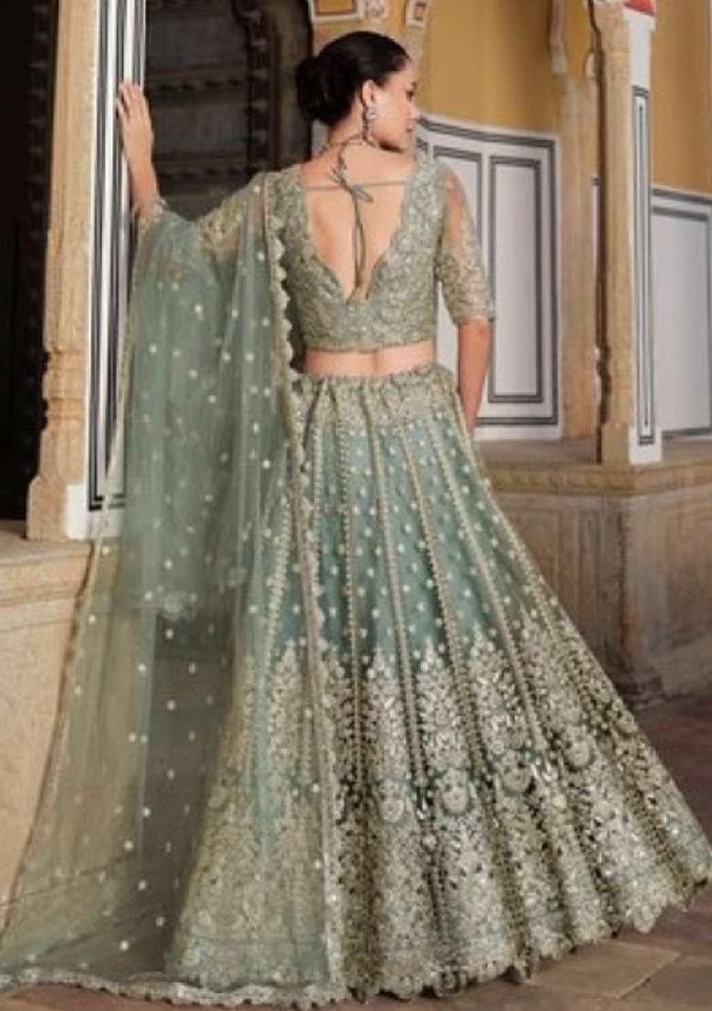 Green Sequence And Net Lehenga Set with Thread Work for Diwali | Wedding & Festive Wear - Indya
