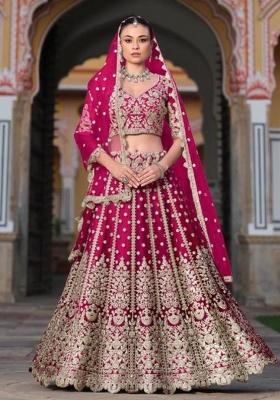 Magenta Sequence And Thread Work Net Lehenga Set