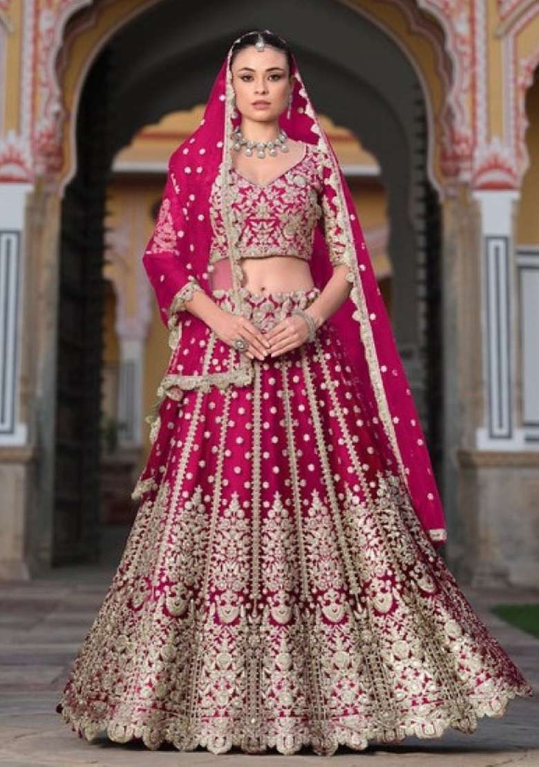 Magenta Sequence And Thread Work Net Lehenga Set for Diwali and Festive Wear - Indya