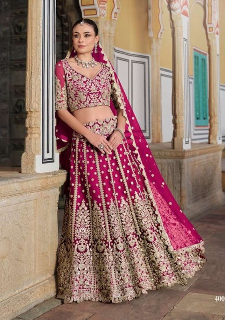 Magenta Sequence And Thread Work Net Lehenga Set for Diwali and Festive Wear - Indya