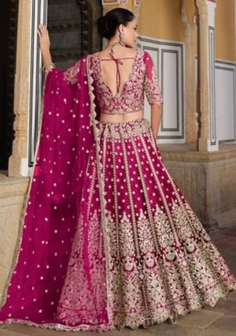 Magenta Sequence And Thread Work Net Lehenga Set for Diwali and Festive Wear - Indya