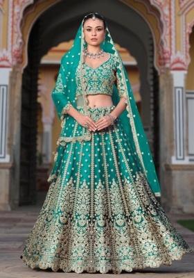 Turquoise Sequence And Thread Work Net Lehenga Set