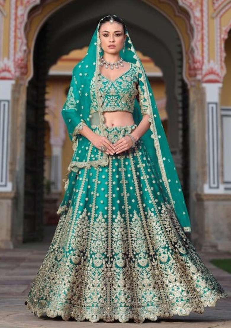 Turquoise Sequence And Thread Work Net Lehenga Set for Diwali and Festive Wear - Indya