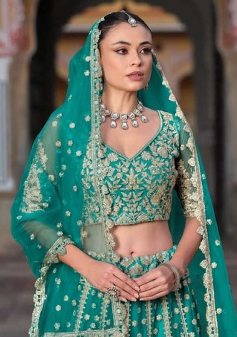 Turquoise Sequence And Thread Work Net Lehenga Set for Diwali and Festive Wear - Indya