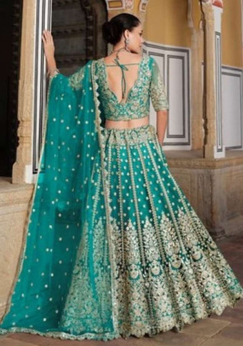 Turquoise Sequence And Thread Work Net Lehenga Set for Diwali and Festive Wear - Indya