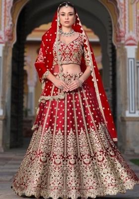 Red Sequence And Thread Work Net Lehenga Set