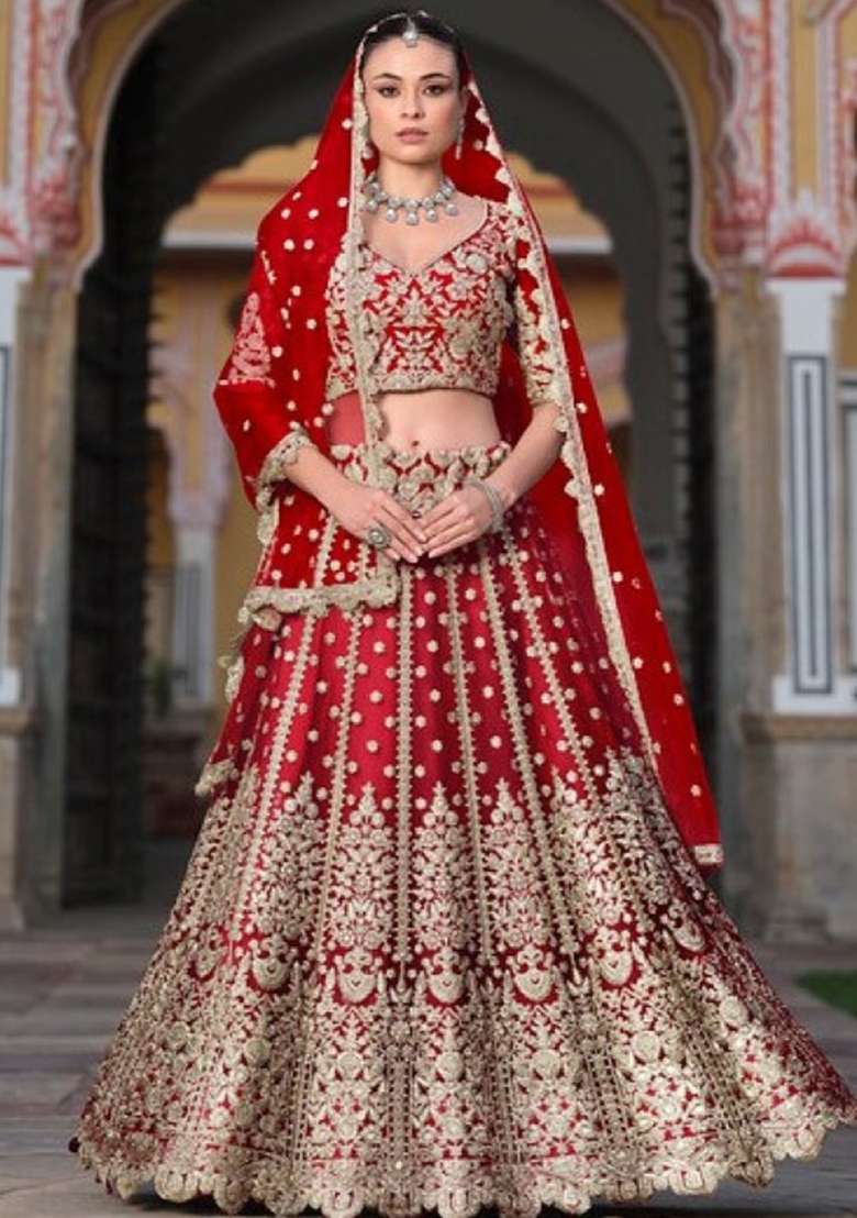 Red Sequence And Thread Work Net Lehenga Set for Diwali and Festive Wear - Indya