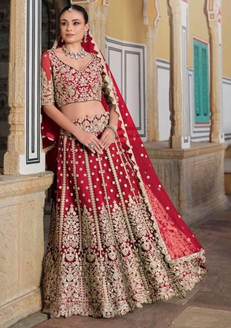 Red Sequence And Thread Work Net Lehenga Set for Diwali and Festive Wear - Indya