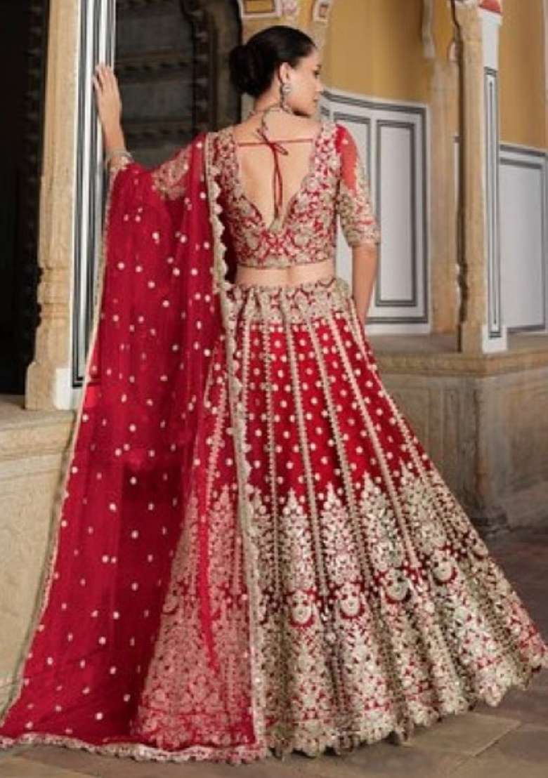 Red Sequence And Thread Work Net Lehenga Set for Diwali and Festive Wear - Indya