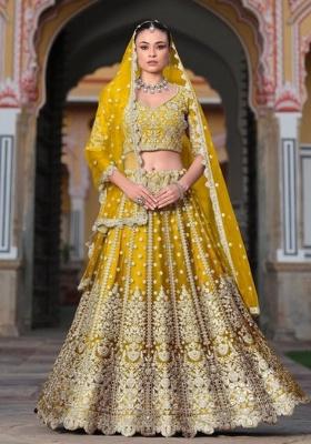 Yellow Sequence And Thread Work Net Lehenga Set