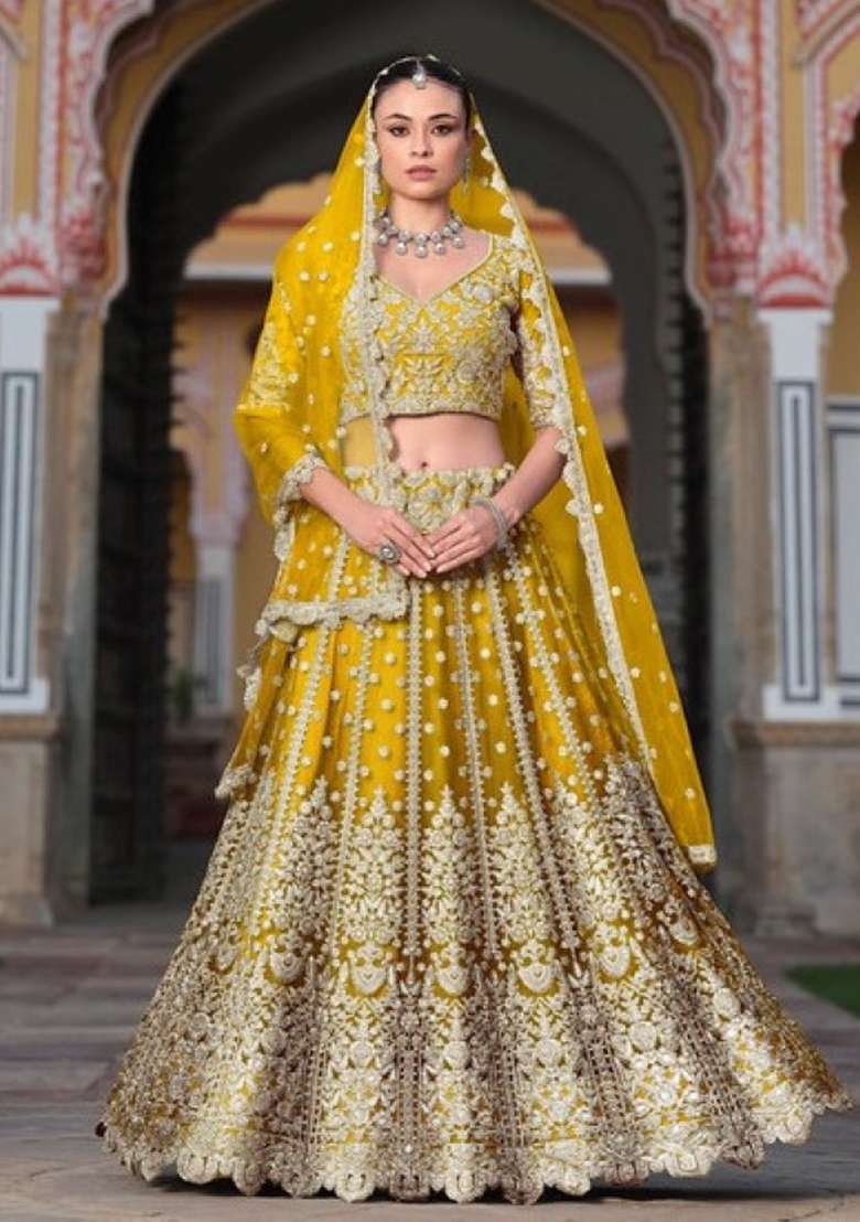 Yellow Sequence And Thread Work Net Lehenga Set for Diwali and Festive Wear - Indya