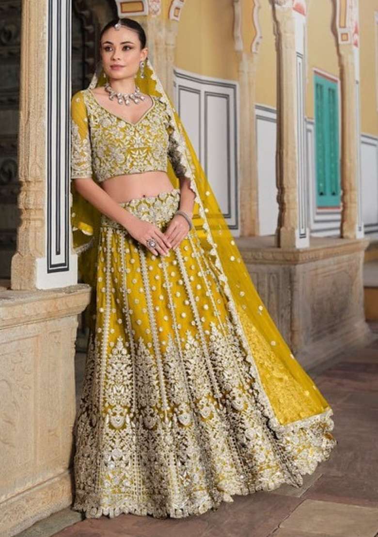 Yellow Sequence And Thread Work Net Lehenga Set for Diwali and Festive Wear - Indya