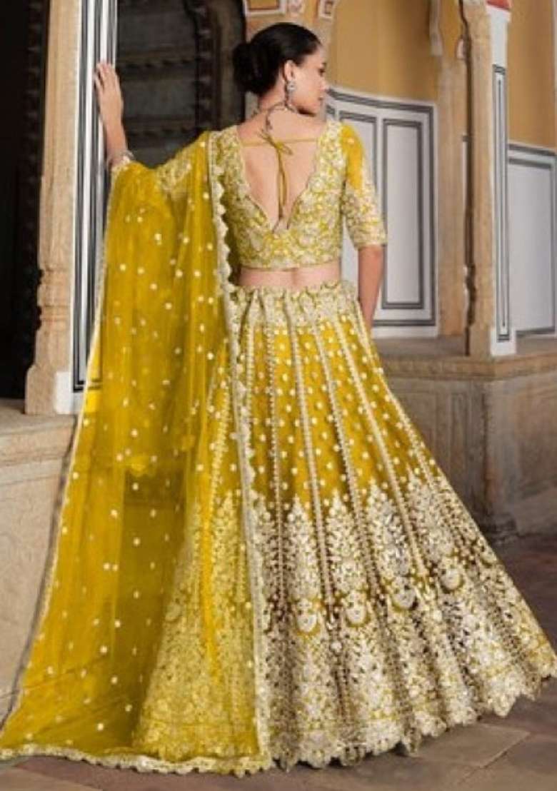 Yellow Sequence And Thread Work Net Lehenga Set for Diwali and Festive Wear - Indya