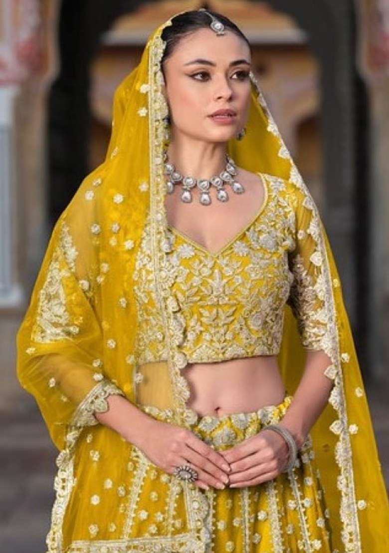 Yellow Sequence And Thread Work Net Lehenga Set for Diwali and Festive Wear - Indya